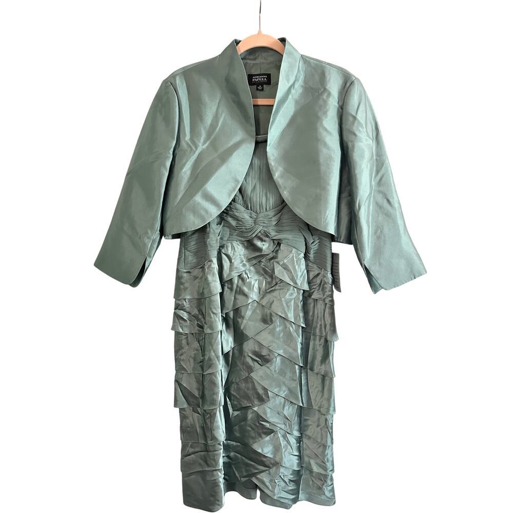 ADRIANNA PAPELL Shutter Pleat Dress Bolero Jacket Silk Sea Glass Green Sz 12 NWT
